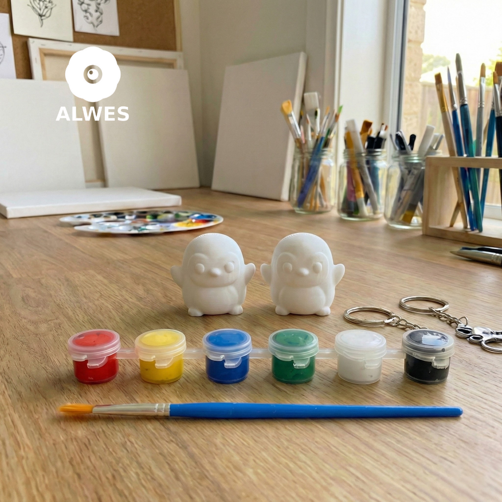 2’li Penguenini Tasarla Anahtarlık Boyama Seti - DIY Hobi Kiti (Boya ve Fırça Dahil)