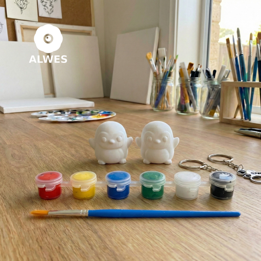 2’li Penguenini Tasarla Anahtarlık Boyama Seti - DIY Hobi Kiti (Boya ve Fırça Dahil)